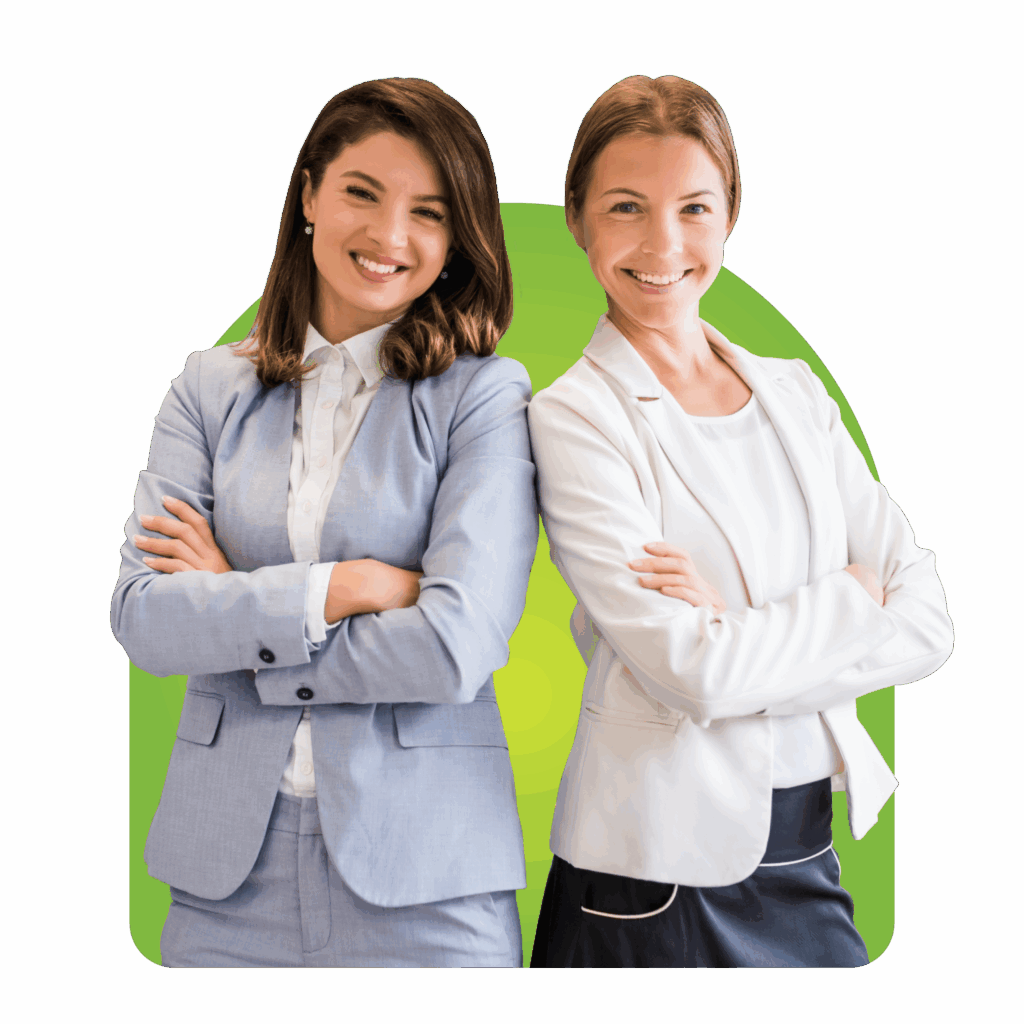 Two smiling businesswomen standing back to back with their arms crossed against a bright yellow and green background.